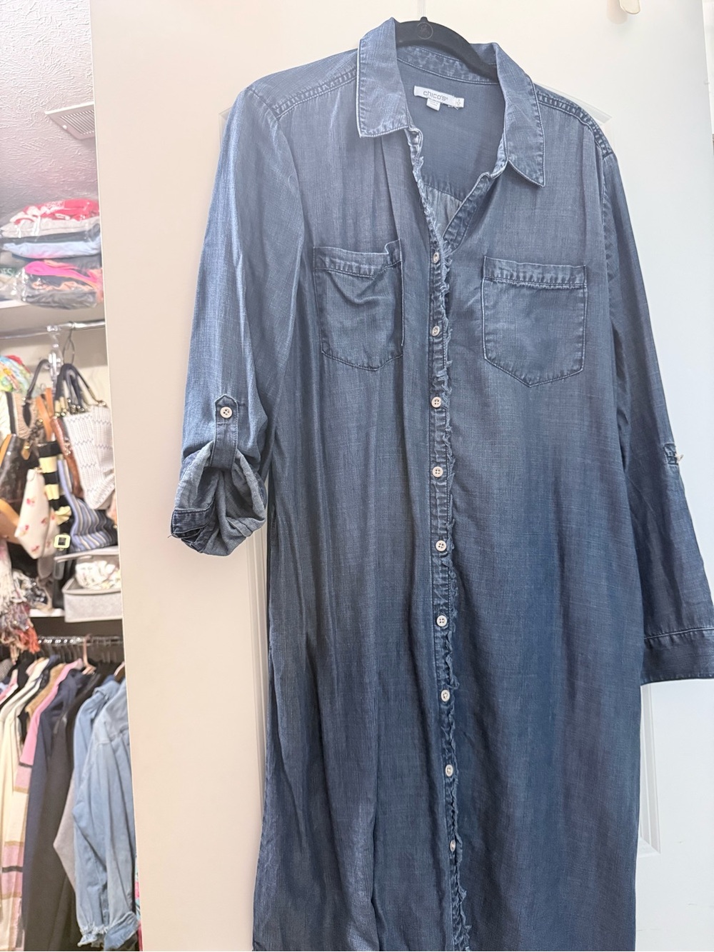 Chico's Washed Denim Long Sleeve Shirt Dress - Blue